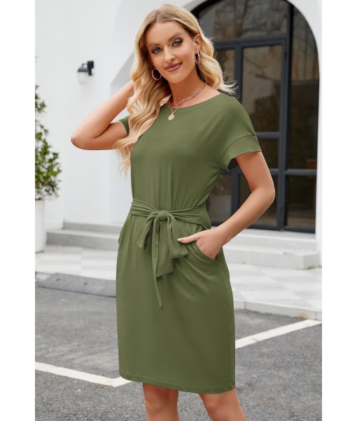 MEROKEETY Women's Summer Striped Short Sleeve T Shirt Dress Casual Tie Waist with Pockets