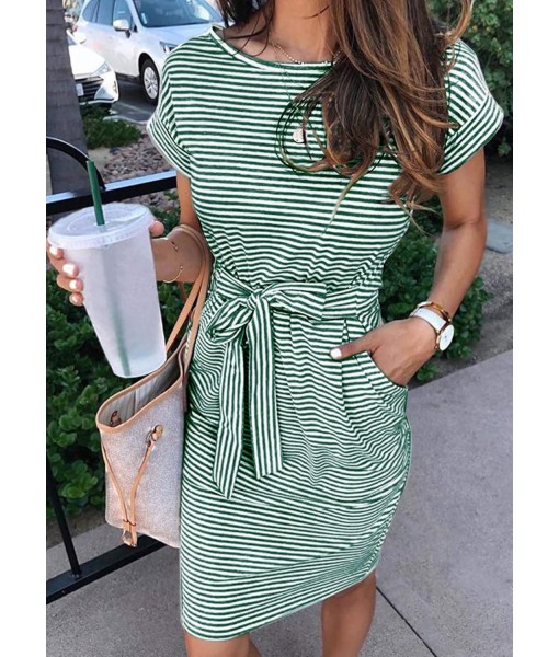 MEROKEETY Women's Summer Striped Short Sleeve T Shirt Dress Casual Tie Waist with Pockets