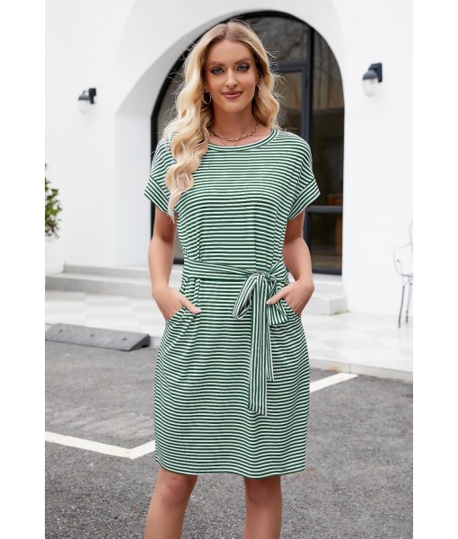 MEROKEETY Women's Summer Striped Short Sleeve T Shirt Dress Casual Tie Waist with Pockets