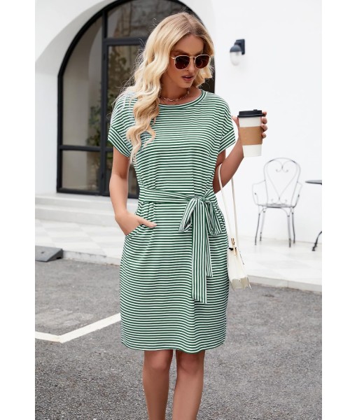 MEROKEETY Women's Summer Striped Short Sleeve T Shirt Dress Casual Tie Waist with Pockets