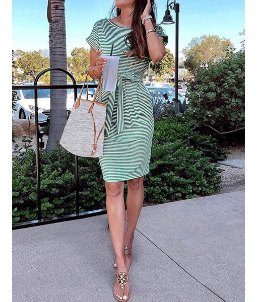 MEROKEETY Women's Summer Striped Short Sleeve T Shirt Dress Casual Tie Waist with Pockets