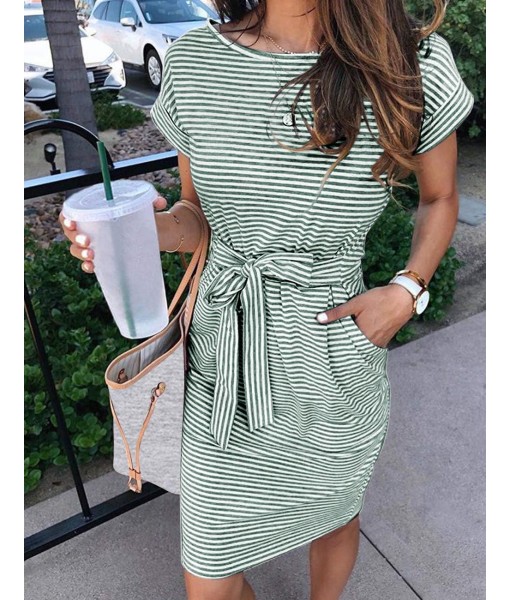 MEROKEETY Women's Summer Striped Short Sleeve T Shirt Dress Casual Tie Waist with Pockets