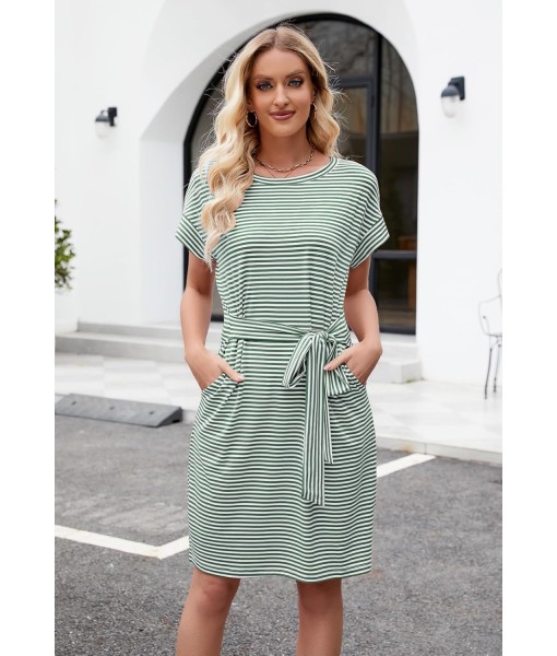 MEROKEETY Women's Summer Striped Short Sleeve T Shirt Dress Casual Tie Waist with Pockets