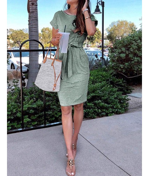 MEROKEETY Women's Summer Striped Short Sleeve T Shirt Dress Casual Tie Waist with Pockets