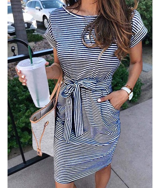 MEROKEETY Women's Summer Striped Short Sleeve T Shirt Dress Casual Tie Waist with Pockets
