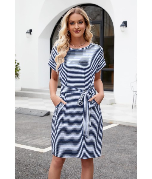 MEROKEETY Women's Summer Striped Short Sleeve T Shirt Dress Casual Tie Waist with Pockets
