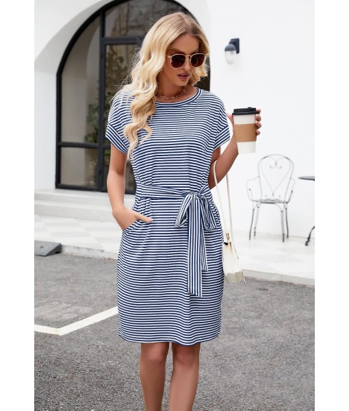 MEROKEETY Women's Summer Striped Short Sleeve T Shirt Dress Casual Tie Waist with Pockets
