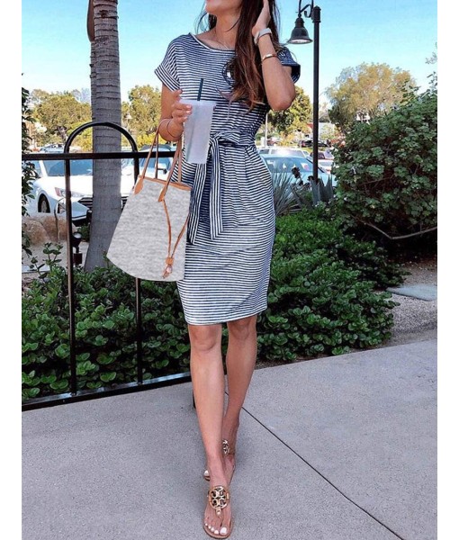 MEROKEETY Women's Summer Striped Short Sleeve T Shirt Dress Casual Tie Waist with Pockets