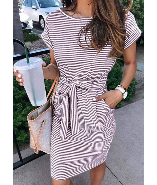 MEROKEETY Women's Summer Striped Short Sleeve T Shirt Dress Casual Tie Waist with Pockets
