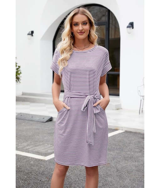 MEROKEETY Women's Summer Striped Short Sleeve T Shirt Dress Casual Tie Waist with Pockets