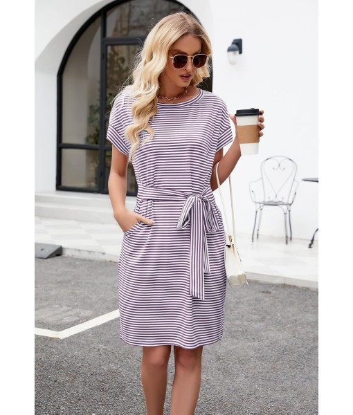 MEROKEETY Women's Summer Striped Short Sleeve T Shirt Dress Casual Tie Waist with Pockets
