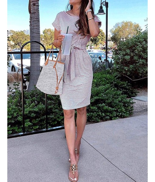 MEROKEETY Women's Summer Striped Short Sleeve T Shirt Dress Casual Tie Waist with Pockets