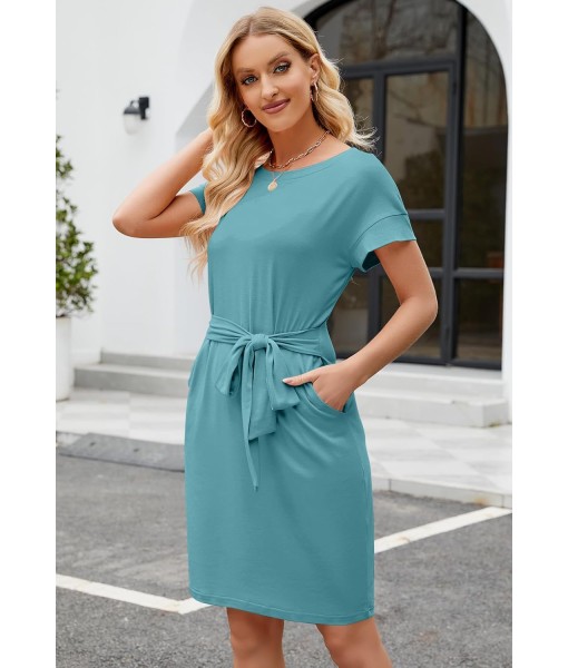 MEROKEETY Women's Summer Striped Short Sleeve T Shirt Dress Casual Tie Waist with Pockets