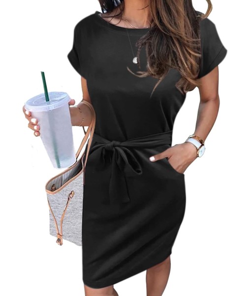 MEROKEETY Women's Summer Striped Short Sleeve T Shirt Dress Casual Tie Waist with Pockets