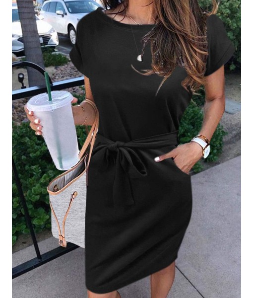 MEROKEETY Women's Summer Striped Short Sleeve T Shirt Dress Casual Tie Waist with Pockets