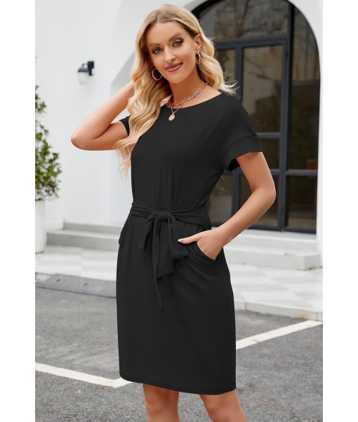 MEROKEETY Women's Summer Striped Short Sleeve T Shirt Dress Casual Tie Waist with Pockets