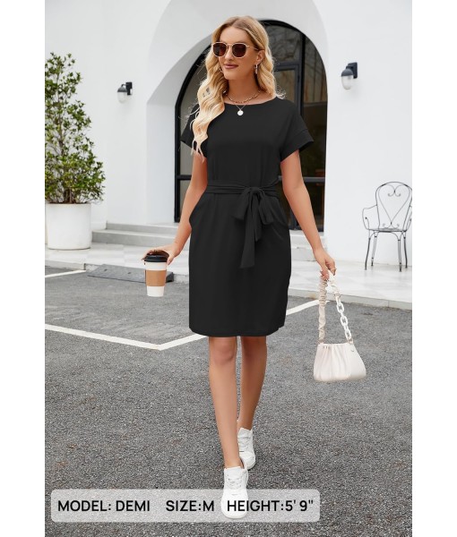 MEROKEETY Women's Summer Striped Short Sleeve T Shirt Dress Casual Tie Waist with Pockets