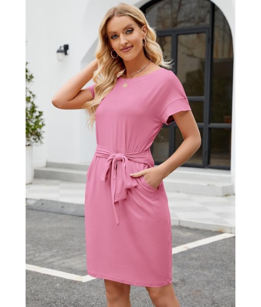 MEROKEETY Women's Summer Striped Short Sleeve T Shirt Dress Casual Tie Waist with Pockets