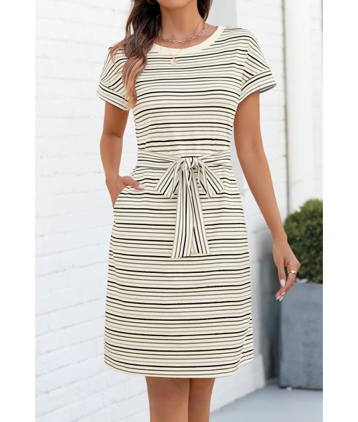 MEROKEETY Women's Summer Striped Short Sleeve T Shirt Dress Casual Tie Waist with Pockets
