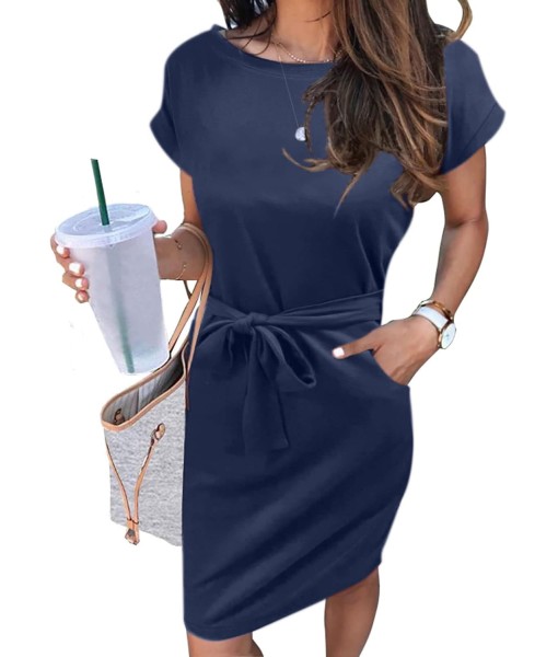 MEROKEETY Women's Summer Striped Short Sleeve T Shirt Dress Casual Tie Waist with Pockets