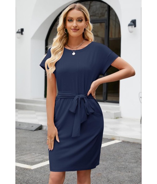 MEROKEETY Women's Summer Striped Short Sleeve T Shirt Dress Casual Tie Waist with Pockets