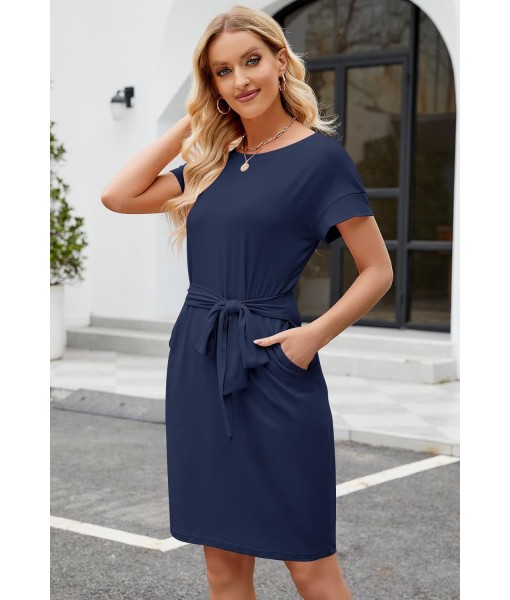 MEROKEETY Women's Summer Striped Short Sleeve T Shirt Dress Casual Tie Waist with Pockets