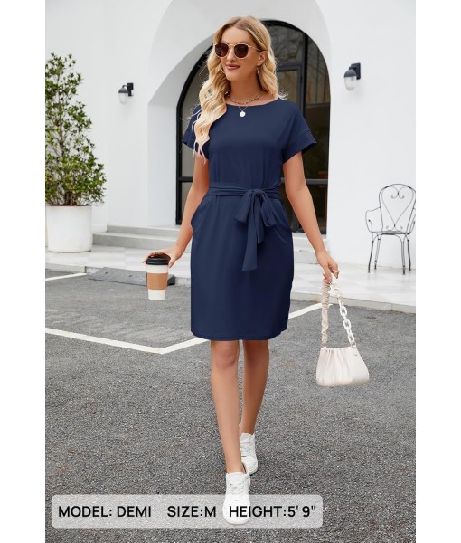MEROKEETY Women's Summer Striped Short Sleeve T Shirt Dress Casual Tie Waist with Pockets