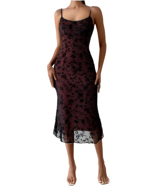 Verdusa Women's Floral Print Mesh Lettuce Trim Sleeveless Bodycon Long Cami Dress