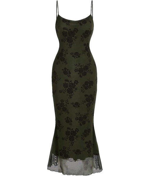 Verdusa Women's Floral Print Mesh Lettuce Trim Sleeveless Bodycon Long Cami Dress