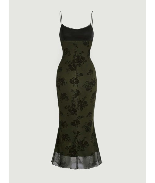 Verdusa Women's Floral Print Mesh Lettuce Trim Sleeveless Bodycon Long Cami Dress