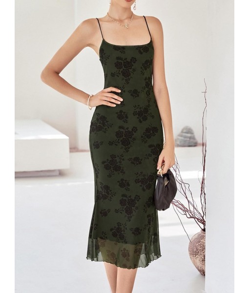 Verdusa Women's Floral Print Mesh Lettuce Trim Sleeveless Bodycon Long Cami Dress