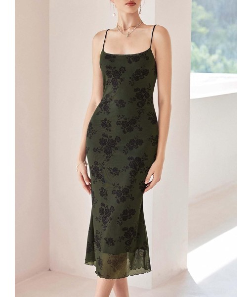 Verdusa Women's Floral Print Mesh Lettuce Trim Sleeveless Bodycon Long Cami Dress