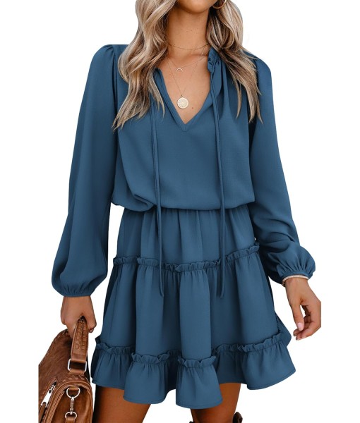 BTFBM Long Sleeve Fall Dresses for Women 2025 Summer Casual Tie Neck Ruffle Tiered A Line Wedding Guest Short Mini Dress