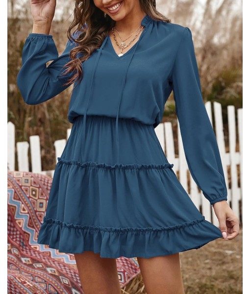 BTFBM Long Sleeve Fall Dresses for Women 2025 Summer Casual Tie Neck Ruffle Tiered A Line Wedding Guest Short Mini Dress