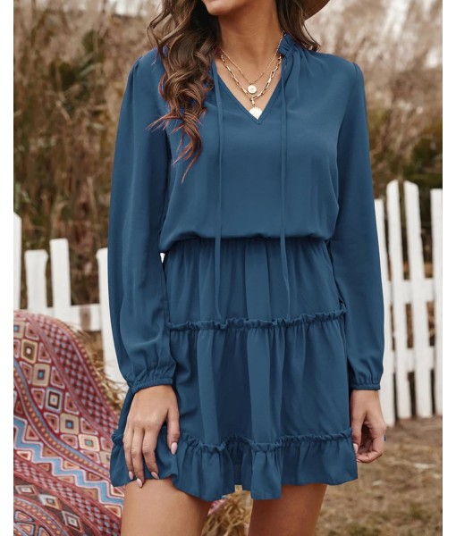 BTFBM Long Sleeve Fall Dresses for Women 2025 Summer Casual Tie Neck Ruffle Tiered A Line Wedding Guest Short Mini Dress