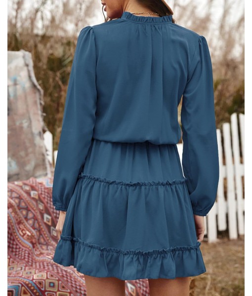 BTFBM Long Sleeve Fall Dresses for Women 2025 Summer Casual Tie Neck Ruffle Tiered A Line Wedding Guest Short Mini Dress