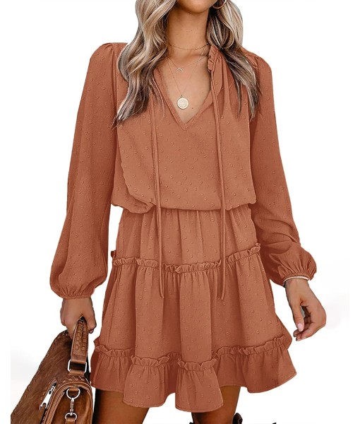 BTFBM Long Sleeve Fall Dresses for Women 2025 Summer Casual Tie Neck Ruffle Tiered A Line Wedding Guest Short Mini Dress