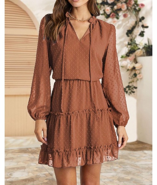 BTFBM Long Sleeve Fall Dresses for Women 2025 Summer Casual Tie Neck Ruffle Tiered A Line Wedding Guest Short Mini Dress