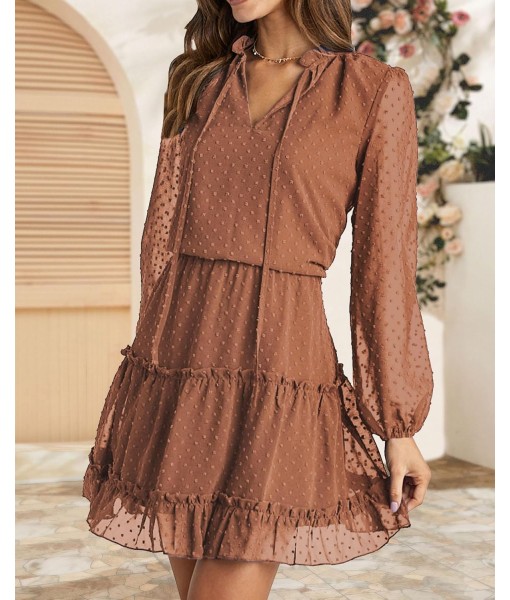 BTFBM Long Sleeve Fall Dresses for Women 2025 Summer Casual Tie Neck Ruffle Tiered A Line Wedding Guest Short Mini Dress