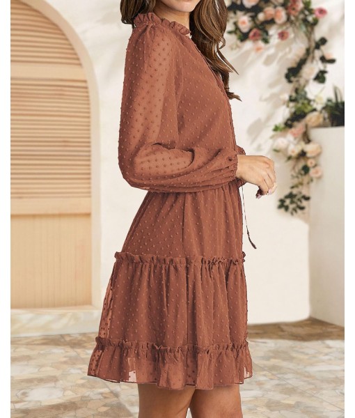BTFBM Long Sleeve Fall Dresses for Women 2025 Summer Casual Tie Neck Ruffle Tiered A Line Wedding Guest Short Mini Dress