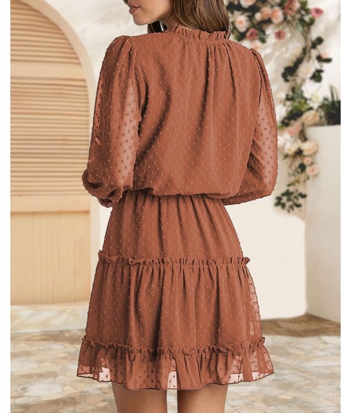 BTFBM Long Sleeve Fall Dresses for Women 2025 Summer Casual Tie Neck Ruffle Tiered A Line Wedding Guest Short Mini Dress