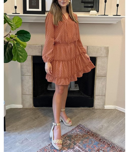 BTFBM Long Sleeve Fall Dresses for Women 2025 Summer Casual Tie Neck Ruffle Tiered A Line Wedding Guest Short Mini Dress
