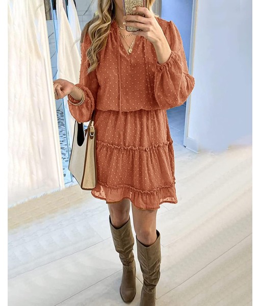 BTFBM Long Sleeve Fall Dresses for Women 2025 Summer Casual Tie Neck Ruffle Tiered A Line Wedding Guest Short Mini Dress