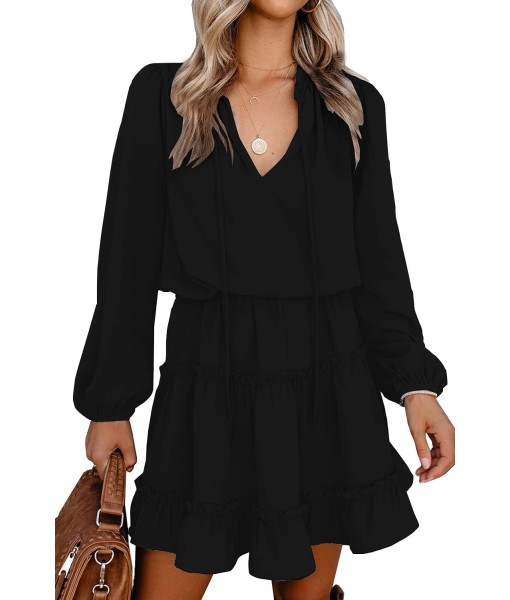 BTFBM Long Sleeve Fall Dresses for Women 2025 Summer Casual Tie Neck Ruffle Tiered A Line Wedding Guest Short Mini Dress