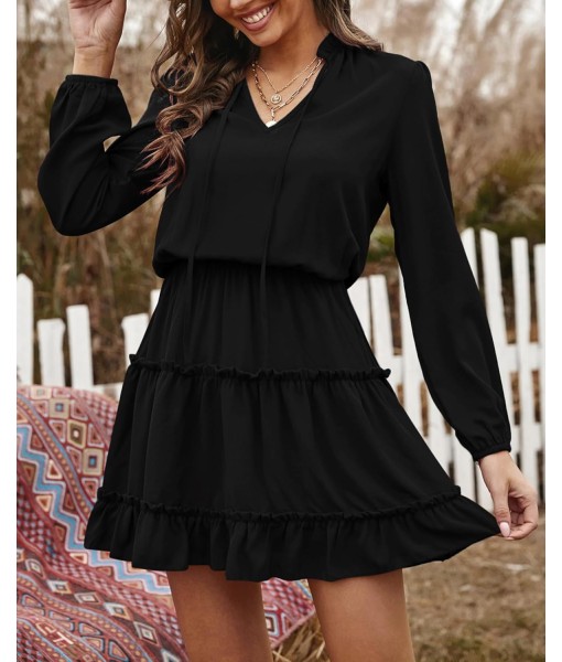 BTFBM Long Sleeve Fall Dresses for Women 2025 Summer Casual Tie Neck Ruffle Tiered A Line Wedding Guest Short Mini Dress
