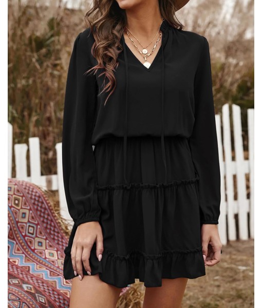 BTFBM Long Sleeve Fall Dresses for Women 2025 Summer Casual Tie Neck Ruffle Tiered A Line Wedding Guest Short Mini Dress
