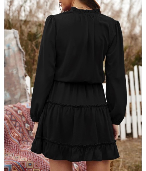 BTFBM Long Sleeve Fall Dresses for Women 2025 Summer Casual Tie Neck Ruffle Tiered A Line Wedding Guest Short Mini Dress