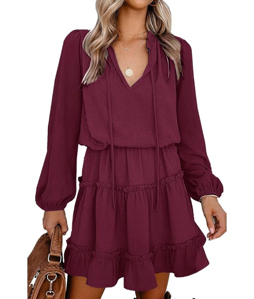 BTFBM Long Sleeve Fall Dresses for Women 2025 Summer Casual Tie Neck Ruffle Tiered A Line Wedding Guest Short Mini Dress