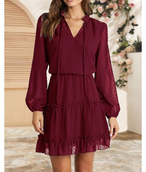 BTFBM Long Sleeve Fall Dresses for Women 2025 Summer Casual Tie Neck Ruffle Tiered A Line Wedding Guest Short Mini Dress