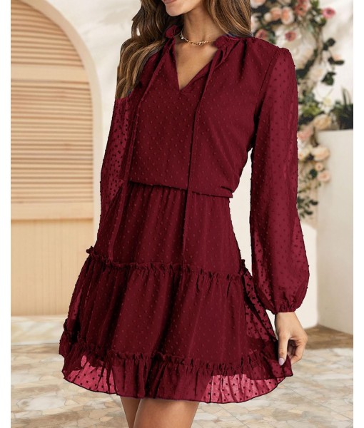 BTFBM Long Sleeve Fall Dresses for Women 2025 Summer Casual Tie Neck Ruffle Tiered A Line Wedding Guest Short Mini Dress